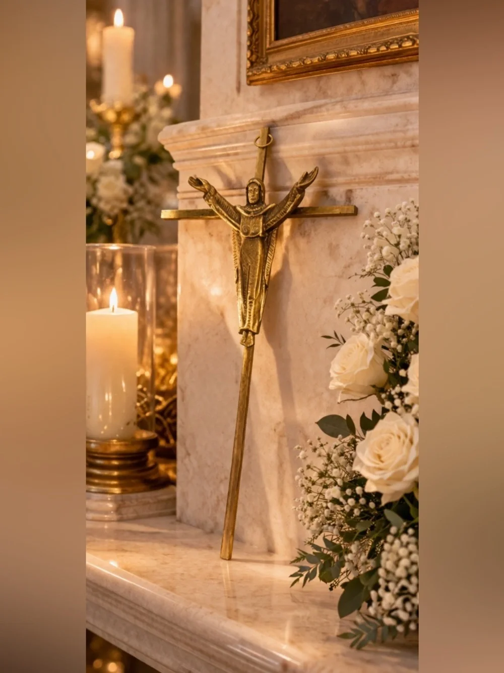 Vintage 1961 Heavy Gold Bronze Jesus Crucifix Religious Cross with Wall Holder